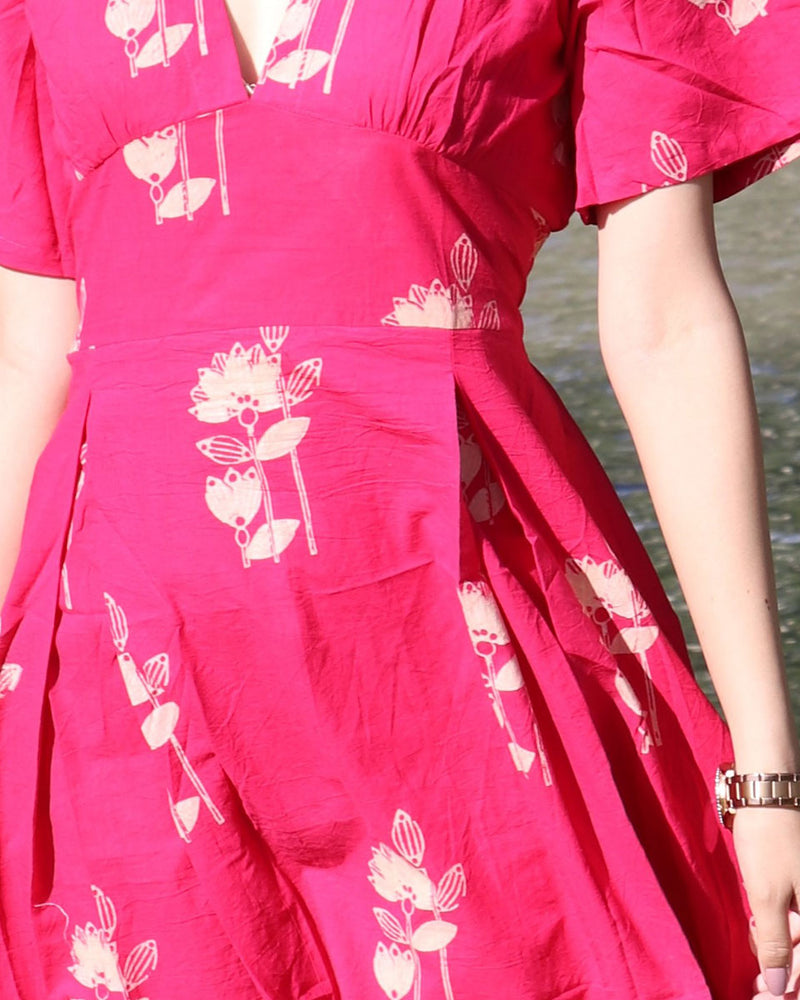Lotus Pink Block Printed Cotton Pleated Dress - Zanskar