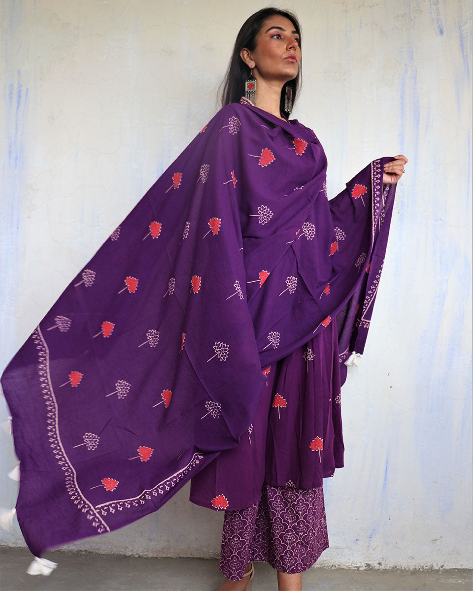 Purple Pure Cotton Block Pritned Dupatta-Ajooni