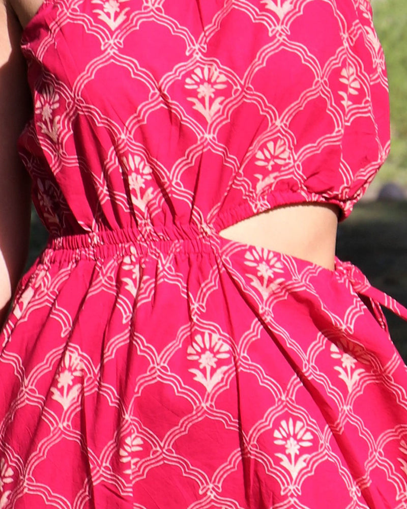 Rhododendron Pink Block Printed Cotton Dress - Zanskar