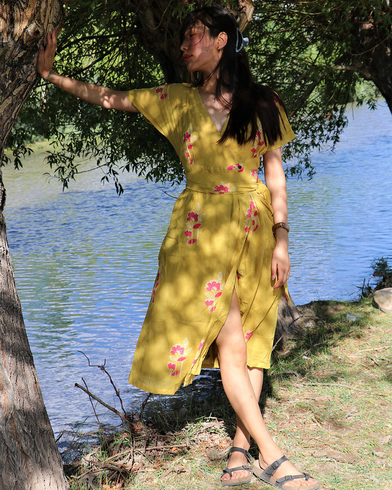 Poppy Yellow Block Printed Cotton Dress -  Zanskar