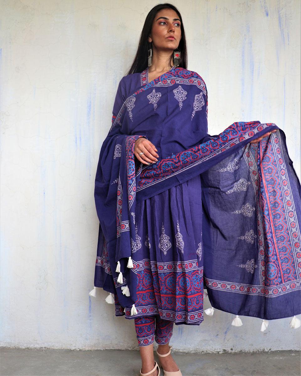 Purple Pure Cotton Block Printed Dupatta-Ajooni