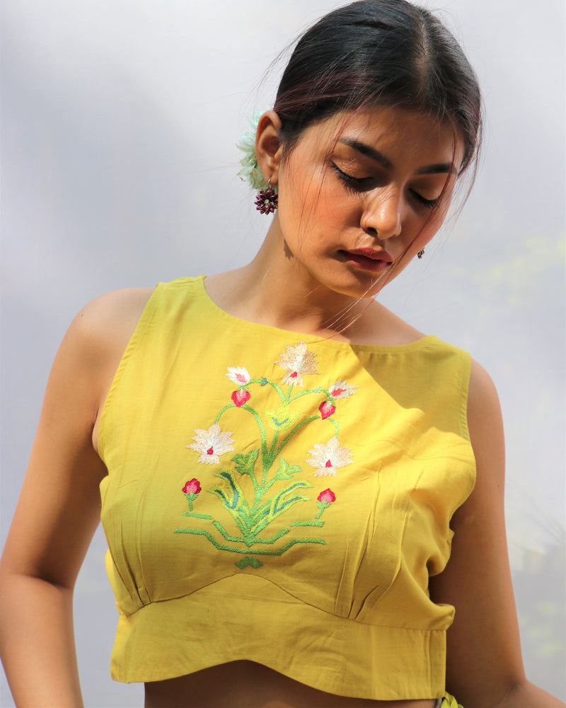 Sunkissed Yellow Sleeveless Hand-Embroidered Handwoven Cotton Blouse - Fos