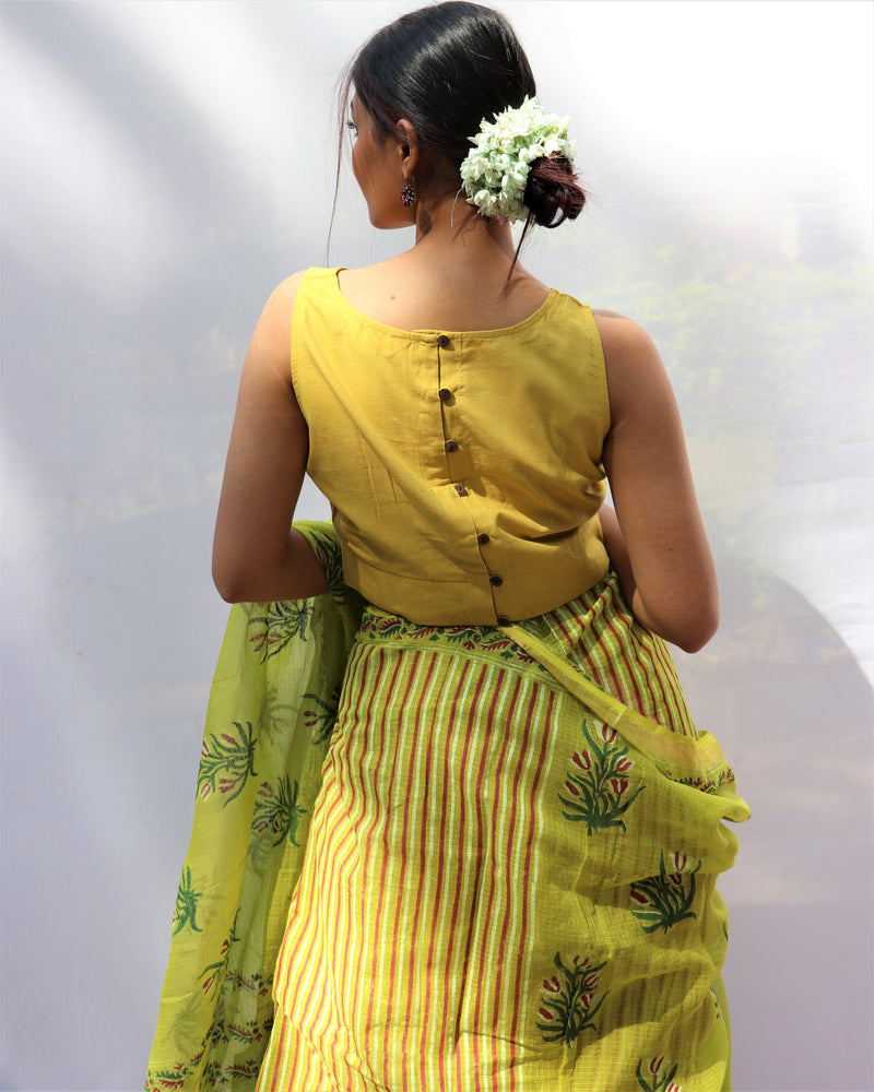 Sunkissed Yellow Sleeveless Hand-Embroidered Handwoven Cotton Blouse - Fos