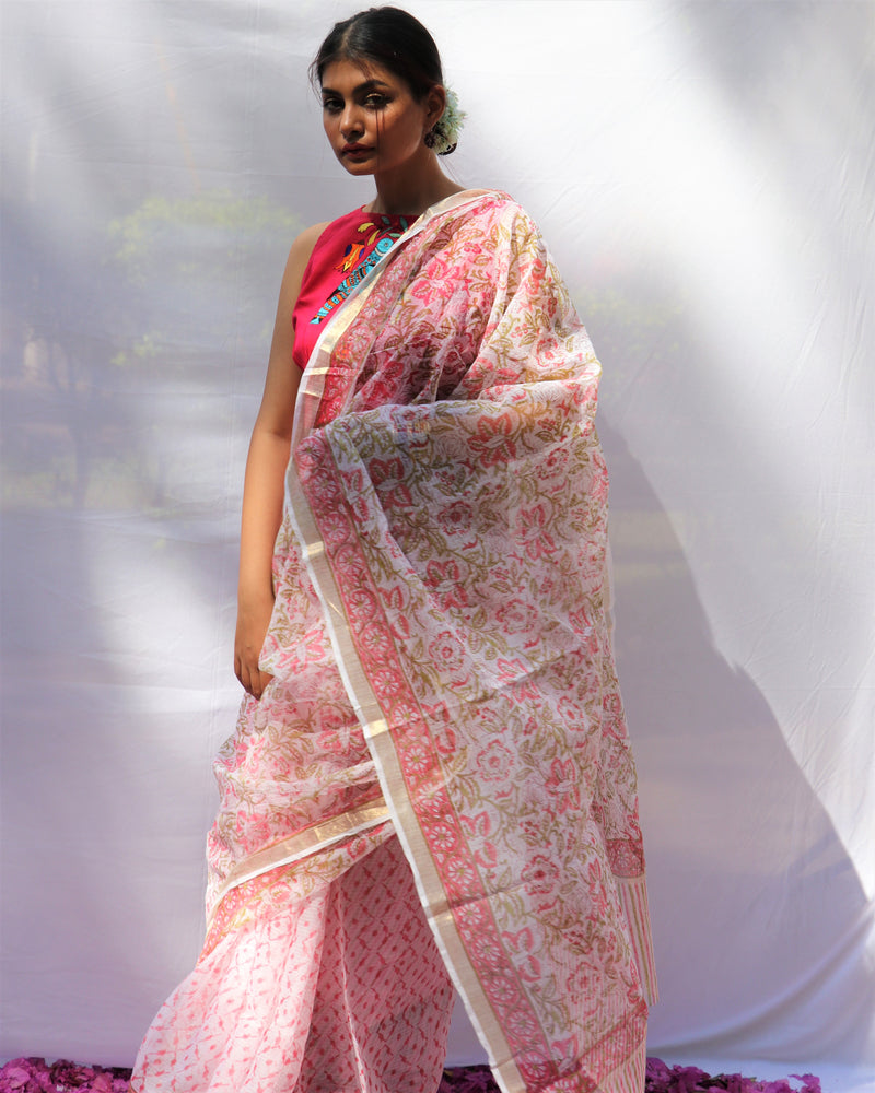 pink hand printed saree