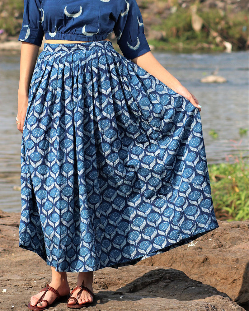 Adrija Hand Block-Printed Cotton Skirt - Akash