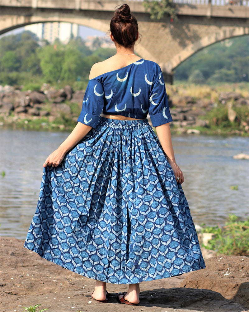 Adrija Hand Block-Printed Cotton Skirt - Akash