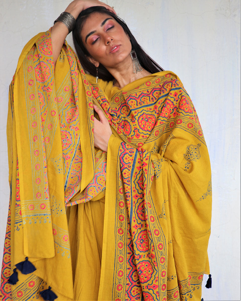 Yellow Pure Cotton Block Printed Dupatta-Ajooni