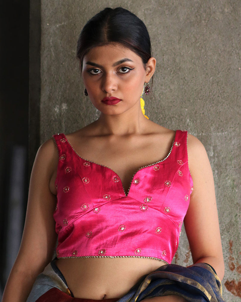Passionate Pink Hand Embroidered Sleeveless Blouse In Mashru Silk - Gazala