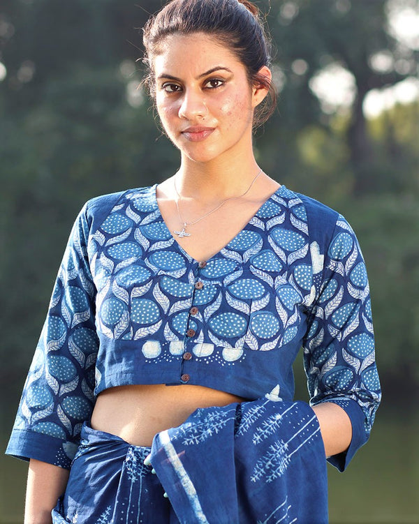 Tanya Hand Block-Printed Cotton Blouse - Akash