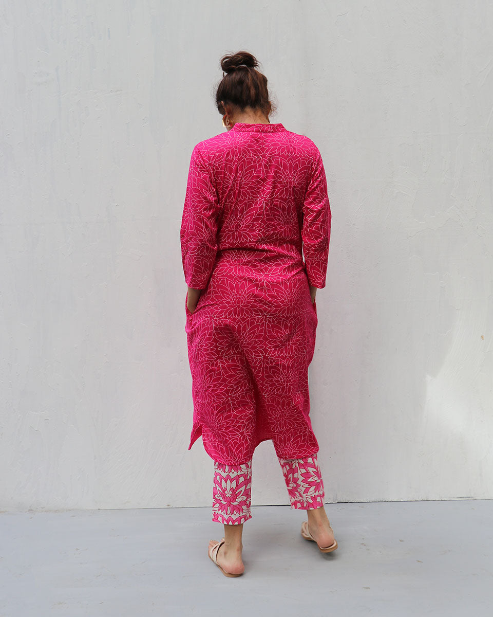Zivya Charm Pink Handblock Cotton Kurta-LD