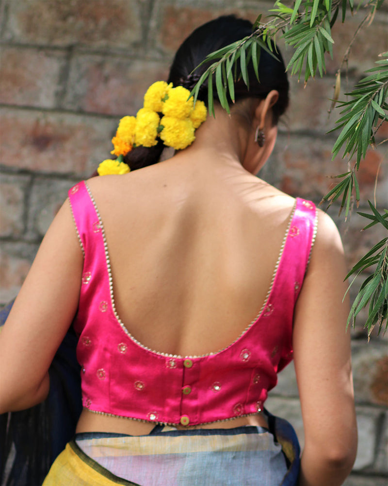 Passionate Pink Hand Embroidered Sleeveless Blouse In Mashru Silk - Gazala