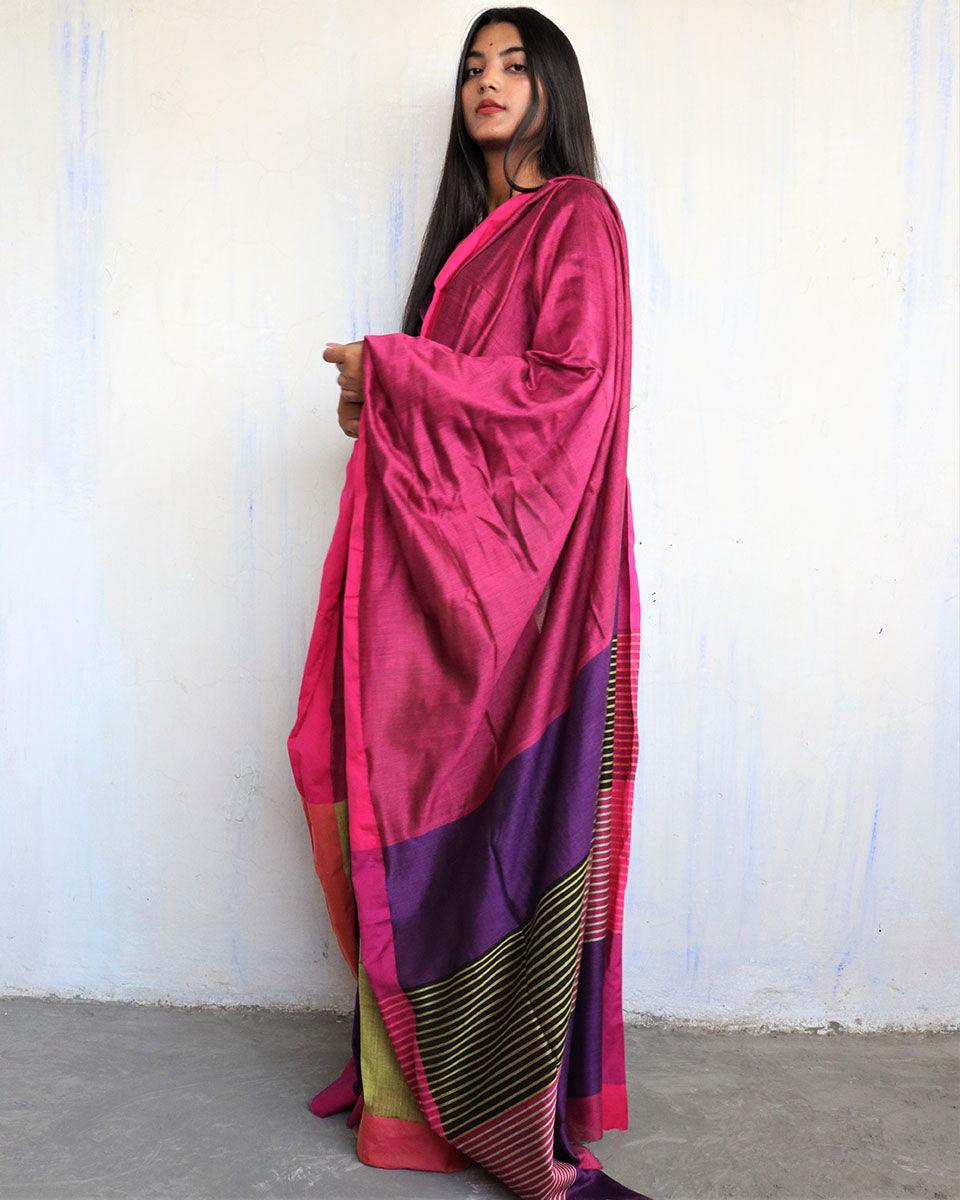 Ahona Handwoven Pure Cotton Viscose Saree  - Holi