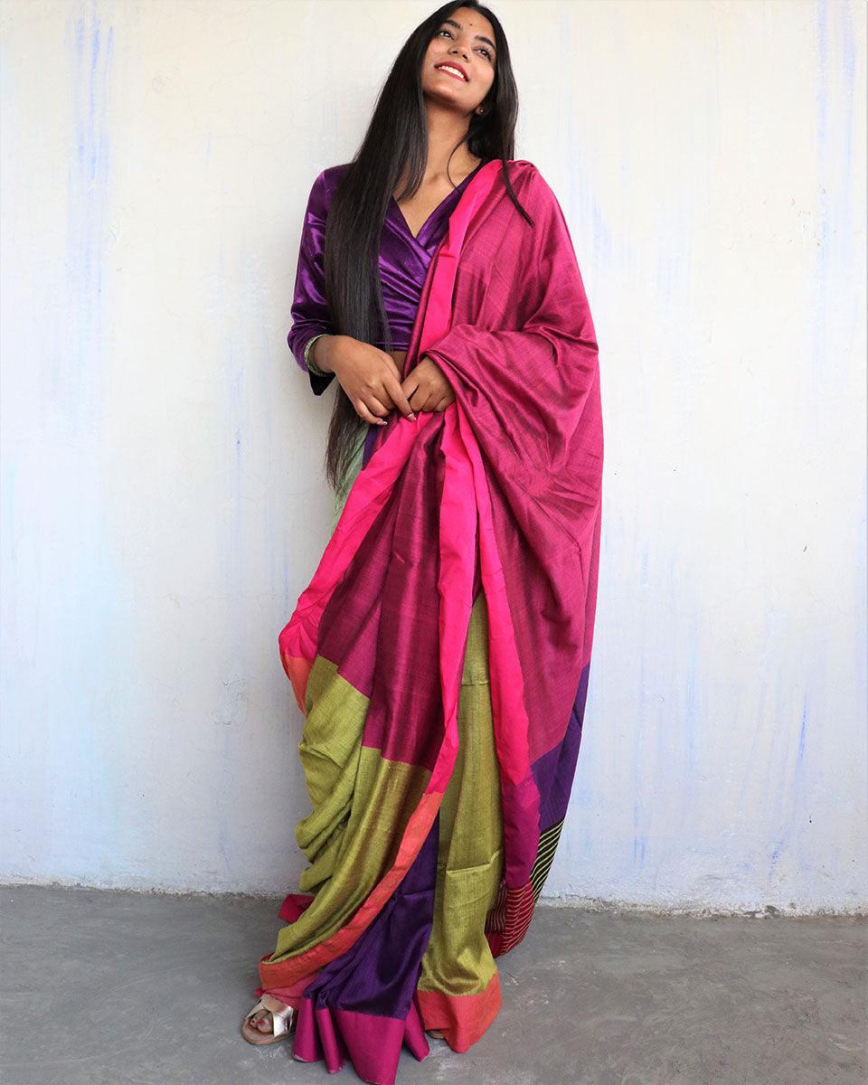 Ahona Handwoven Pure Cotton Viscose Saree  - Holi