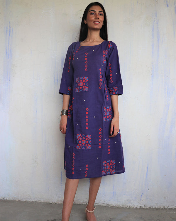 Purple Pure Cotton Block Printed Dress-Ajooni