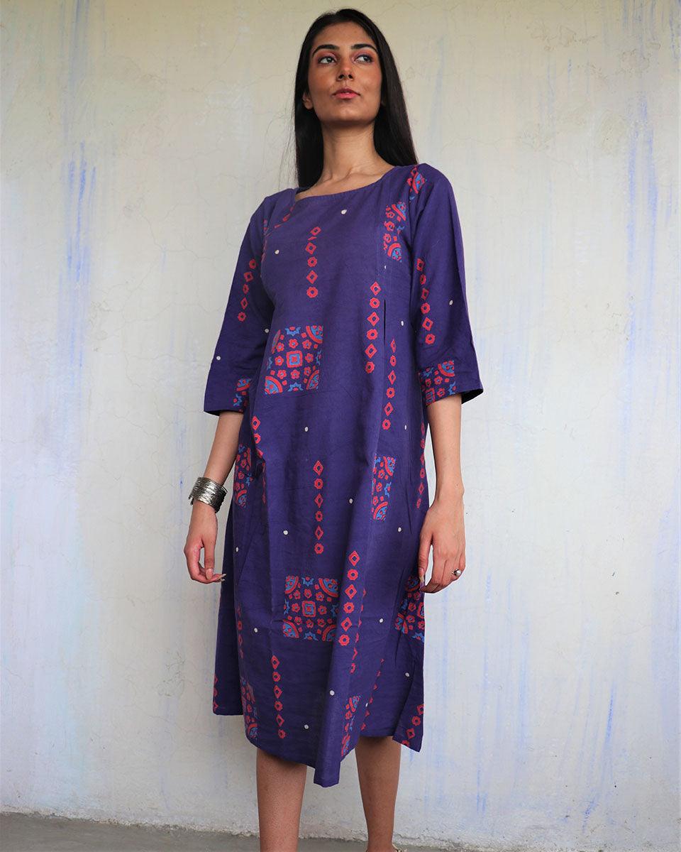 Purple Pure Cotton Block Printed Dress-Ajooni