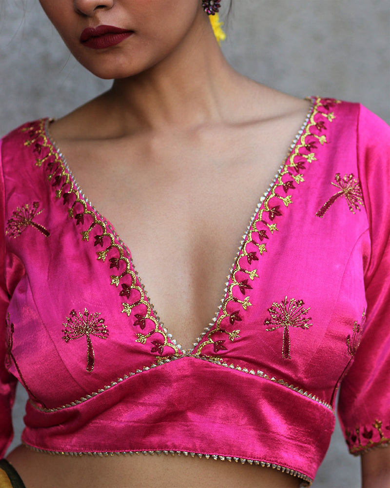 Passionate Pink Hand Embroidered Blouse In Mashru Silk - Gazala