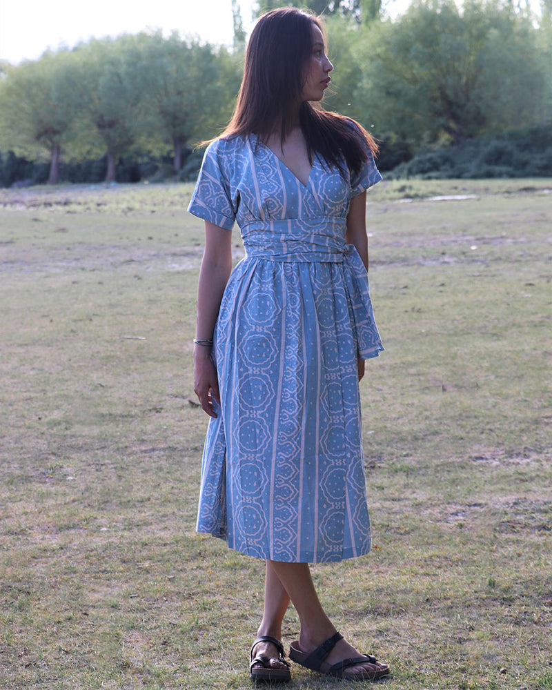 Glacier Blue Block Printed Cotton Wrap Dress - Zanskar