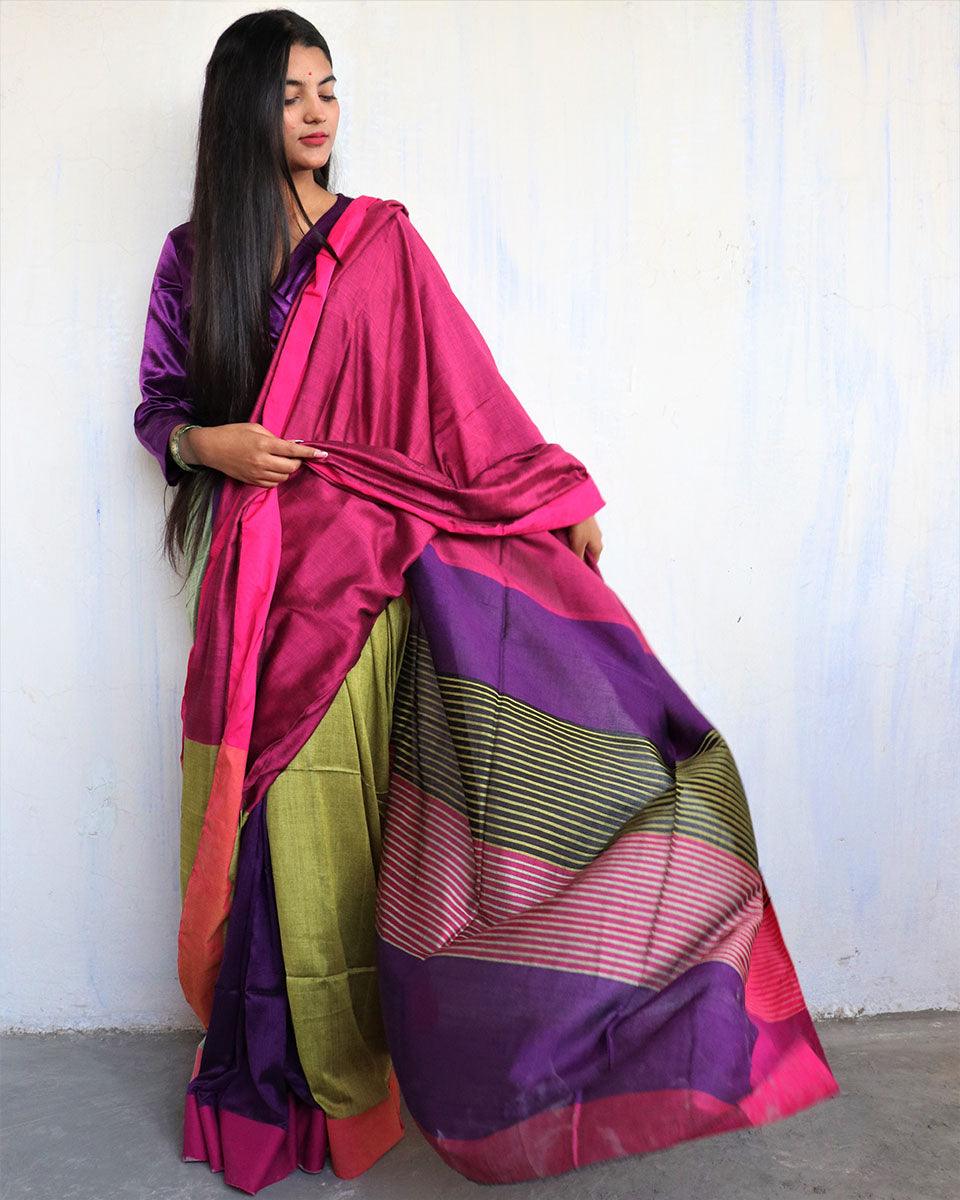 Ahona Handwoven Pure Cotton Viscose Saree  - Holi