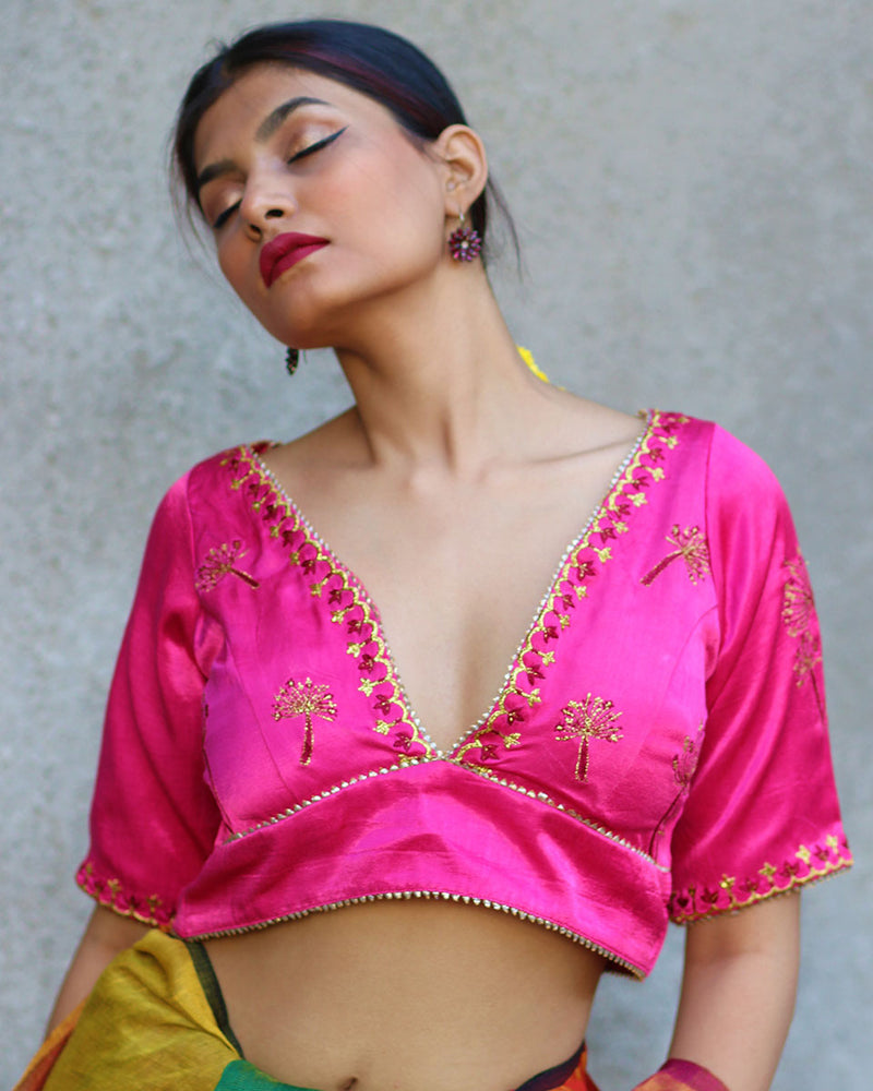 Passionate Pink Hand Embroidered Blouse In Mashru Silk - Gazala