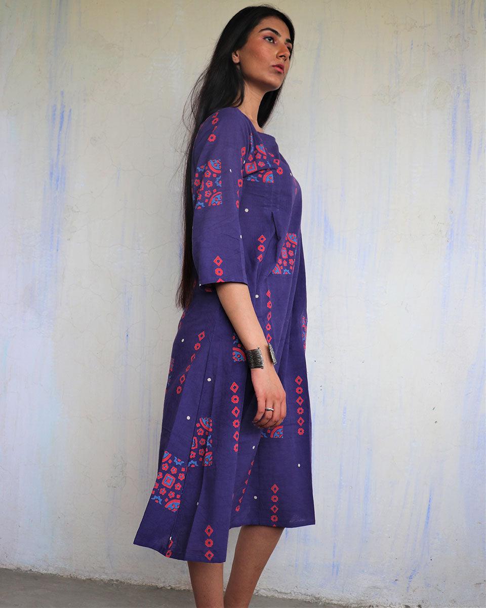 Purple Pure Cotton Block Printed Dress-Ajooni