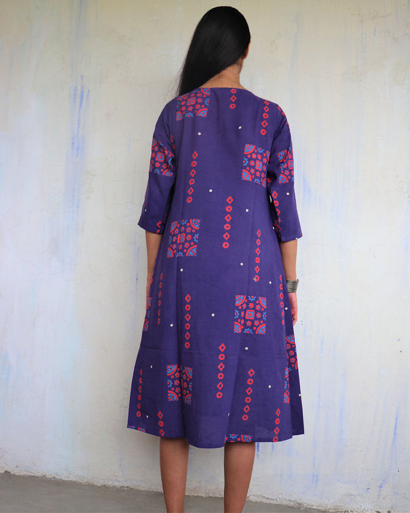 Purple Pure Cotton Block Printed Dress-Ajooni