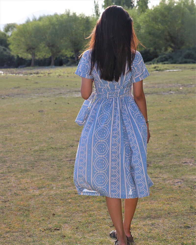 Glacier Blue Block Printed Cotton Wrap Dress - Zanskar