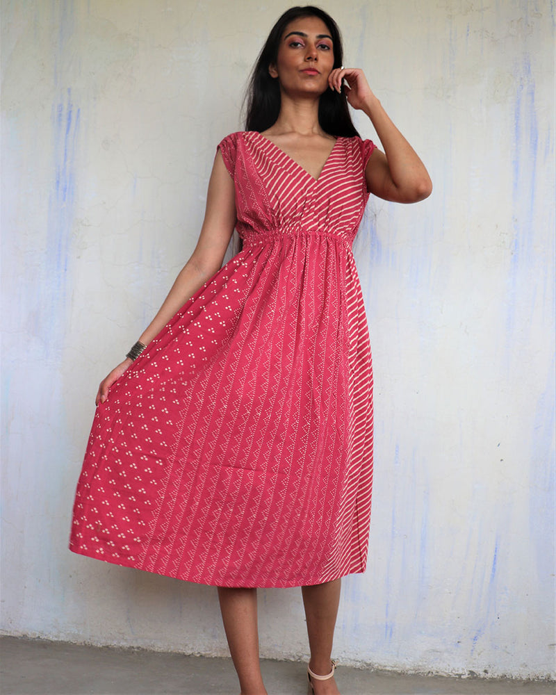 Pink Pure Cotton Block Printed Dress-Ajooni