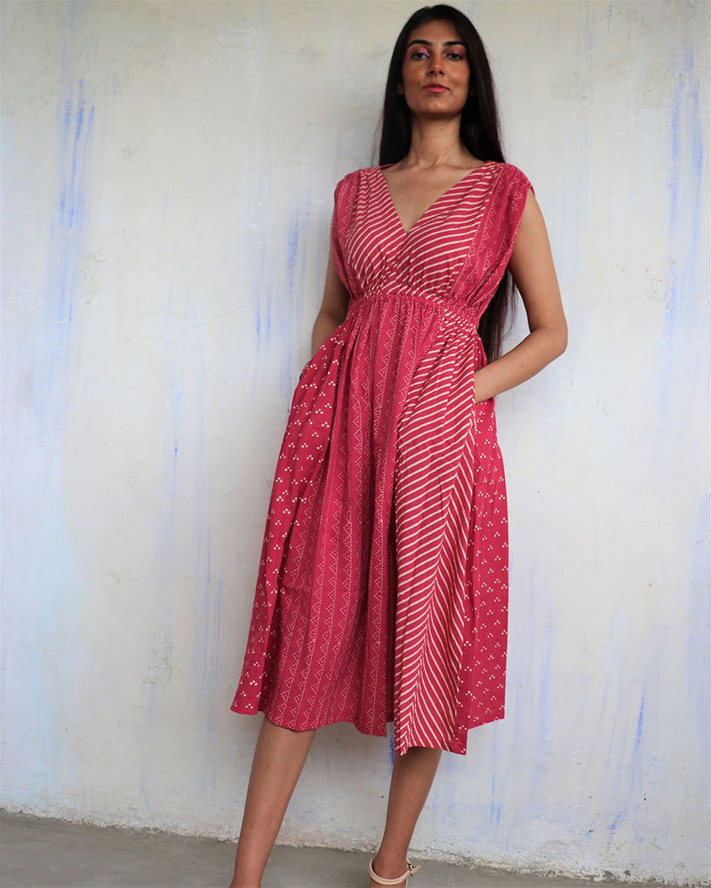 Pink Pure Cotton Block Printed Dress-Ajooni