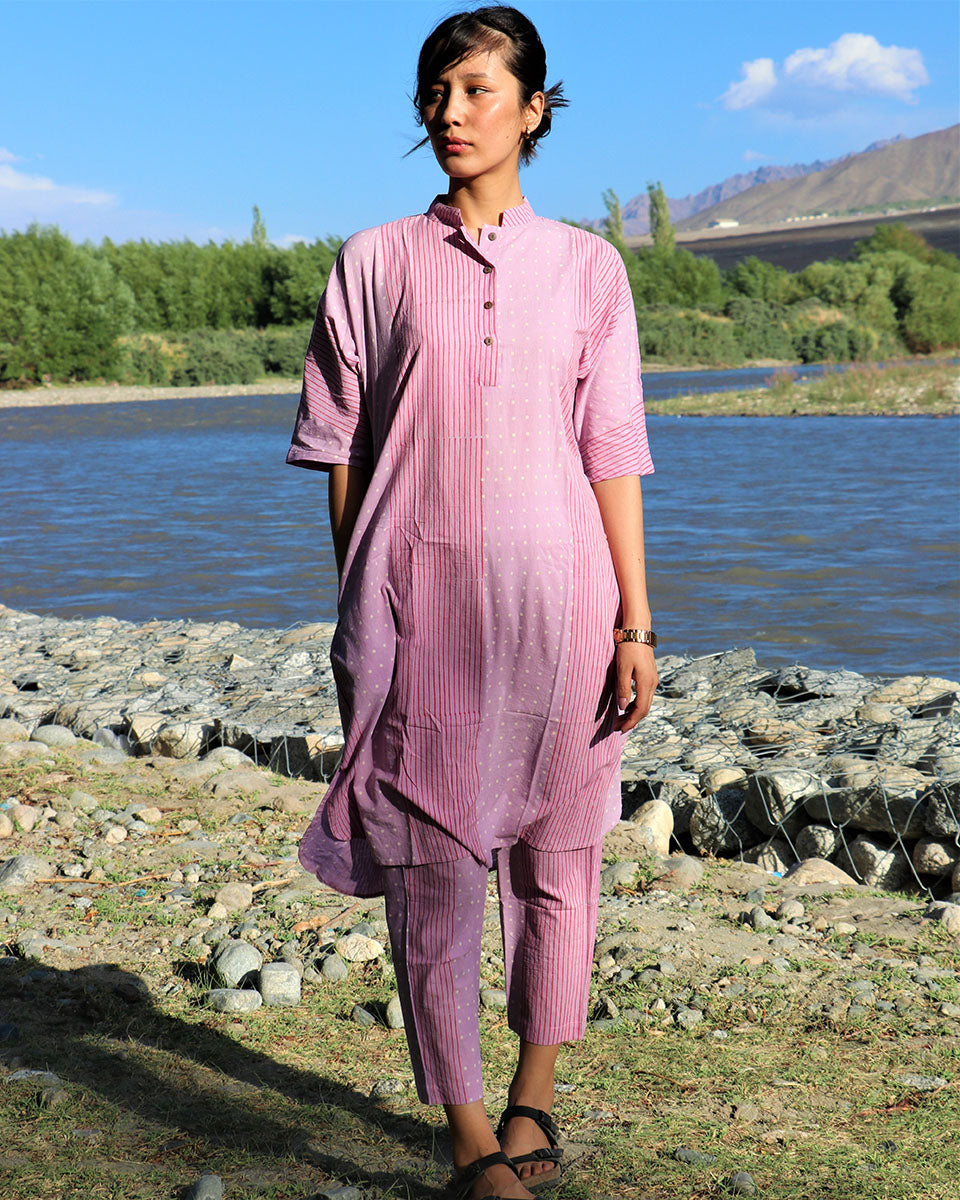 Lavender Block Printed Cotton Kurta Set Of 2 - Zanskar