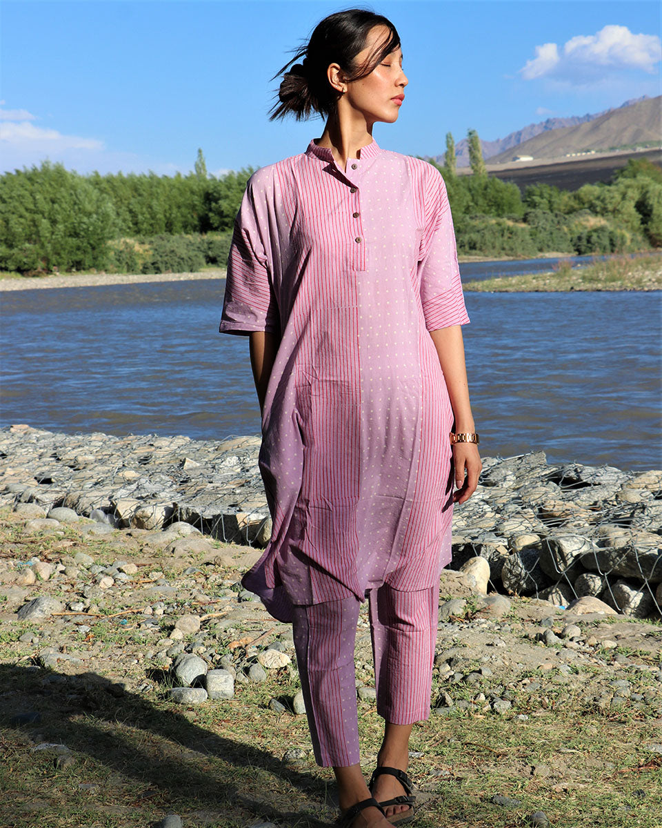 Lavender Block Printed Cotton Kurta Set Of 2 - Zanskar