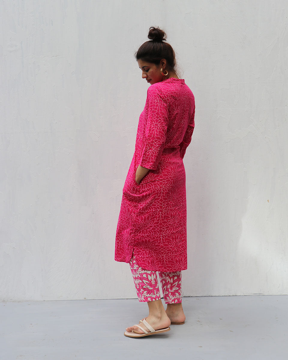 Zivya Charm Pink Handblock Cotton Kurta-LD