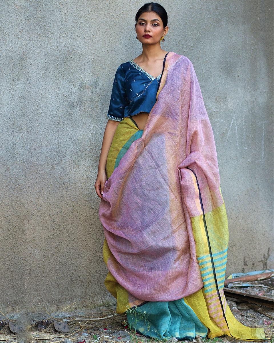 Nazm Handwoven Linen Zari Saree - Gazala