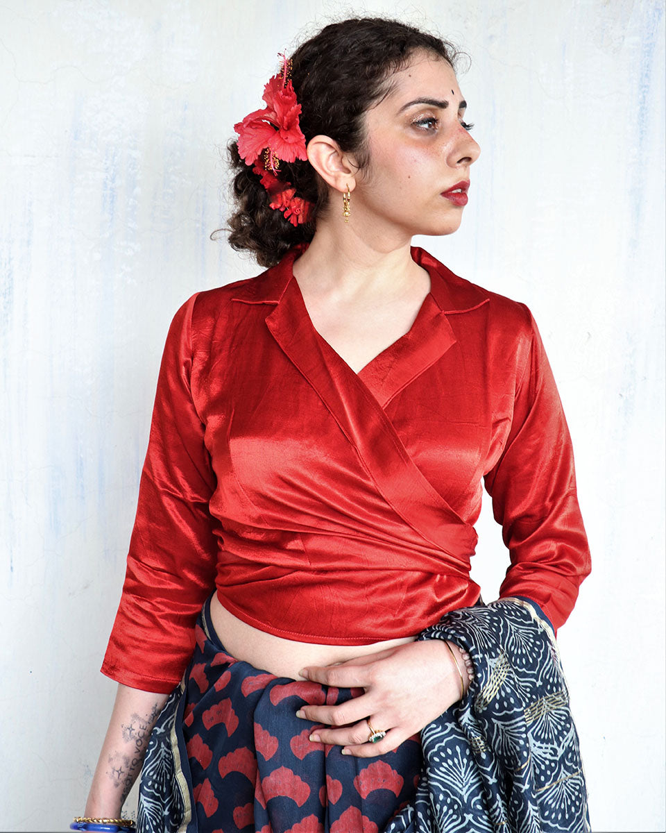Red Block Printed Blouse In Mashru Silk - Hibiscus