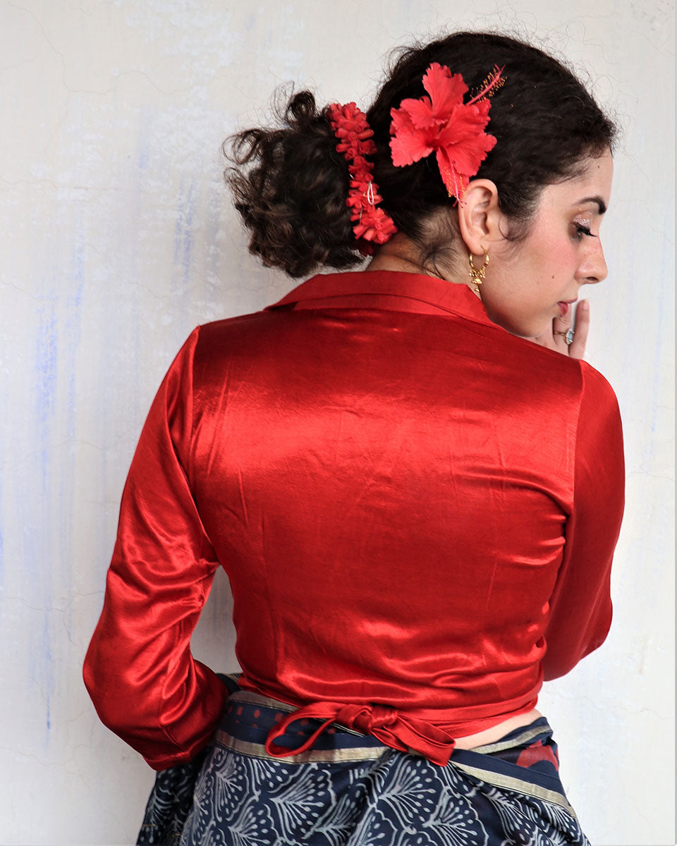 Red Block Printed Blouse In Mashru Silk - Hibiscus