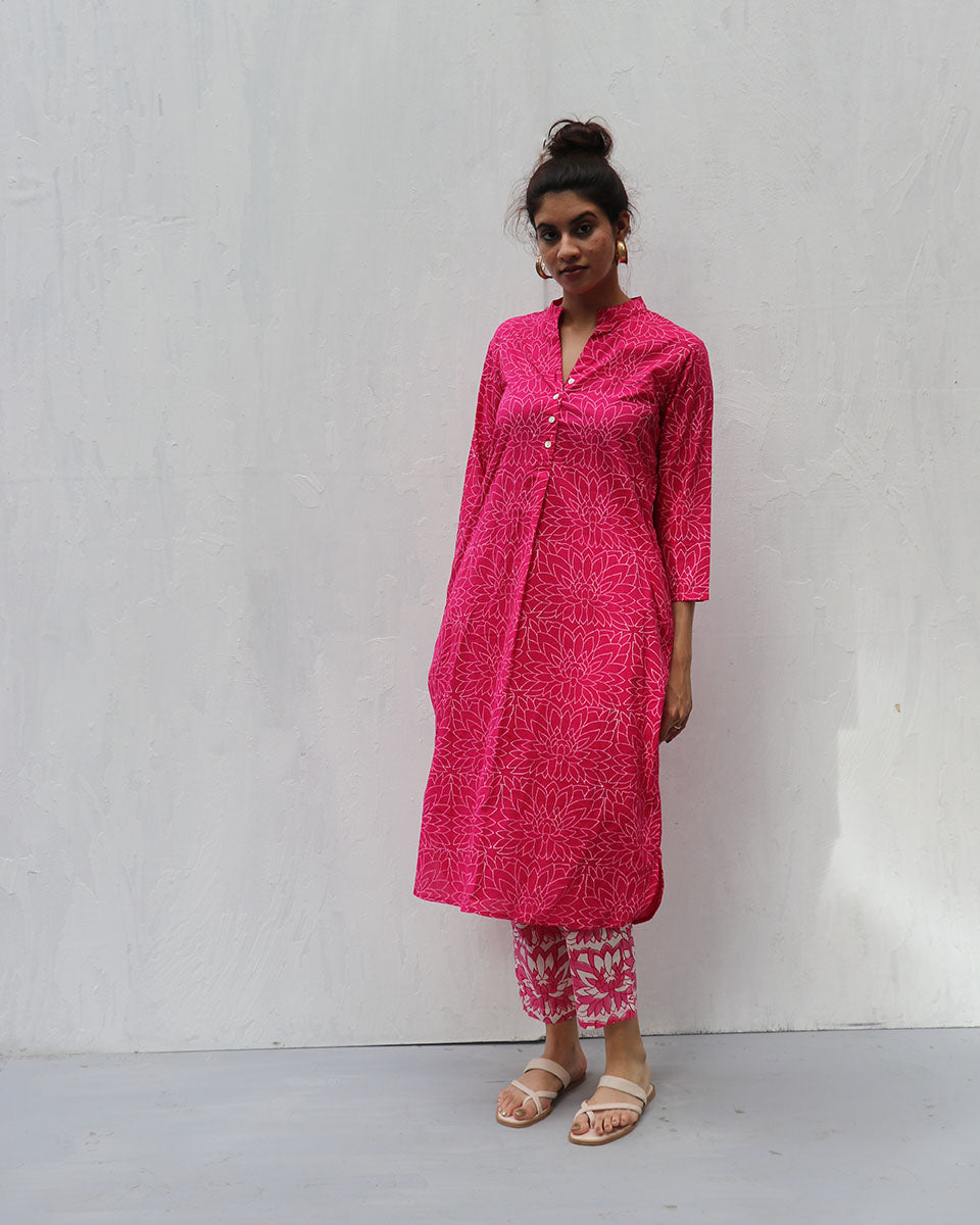 Zivya Charm Pink Handblock Cotton Kurta-LD