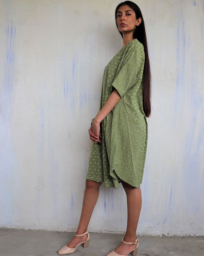 Olive Green Pure Cotton Blockprinted Freesize Dress-Ajooni