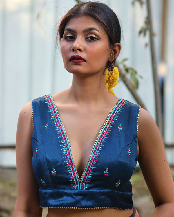 Beloved Blue Hand Embroidered Sleeveless Blouse In Mashru Silk - Gazala