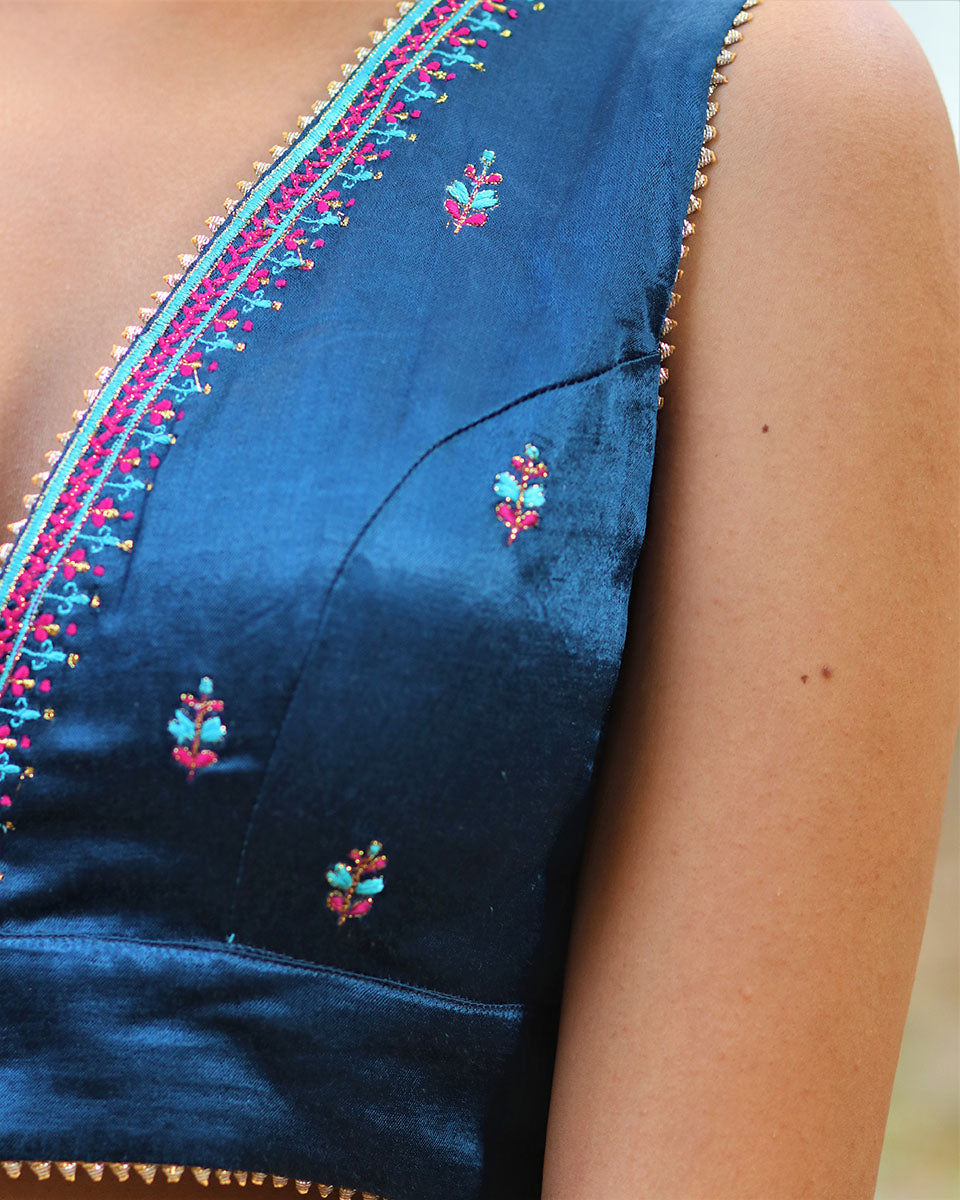 Beloved Blue Hand Embroidered Sleeveless Blouse In Mashru Silk - Gazala