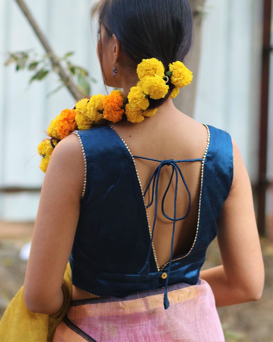 Beloved Blue Hand Embroidered Sleeveless Blouse In Mashru Silk - Gazala