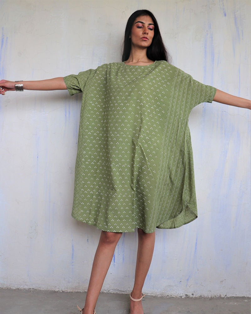 Olive Green Pure Cotton Blockprinted Freesize Dress-Ajooni