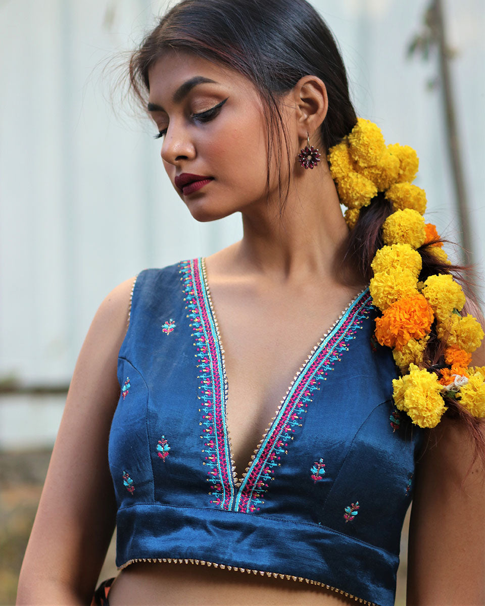 Beloved Blue Hand Embroidered Sleeveless Blouse In Mashru Silk - Gazala