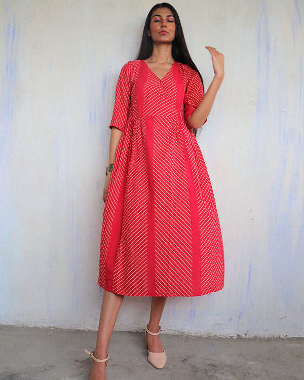 Red Pure Cotton Block Printed Dress-Ajooni
