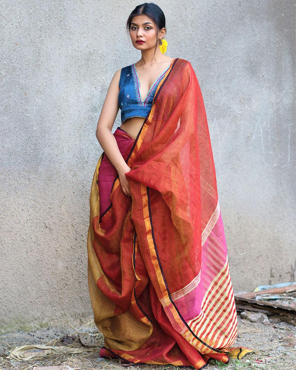 Shabab Handwoven Linen Zari Saree - Gazala