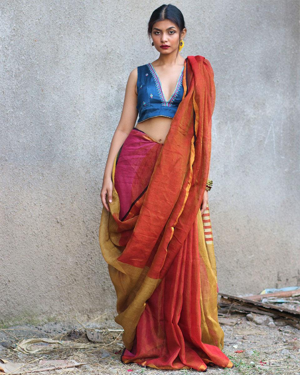 Shabab Handwoven Linen Zari Saree - Gazala