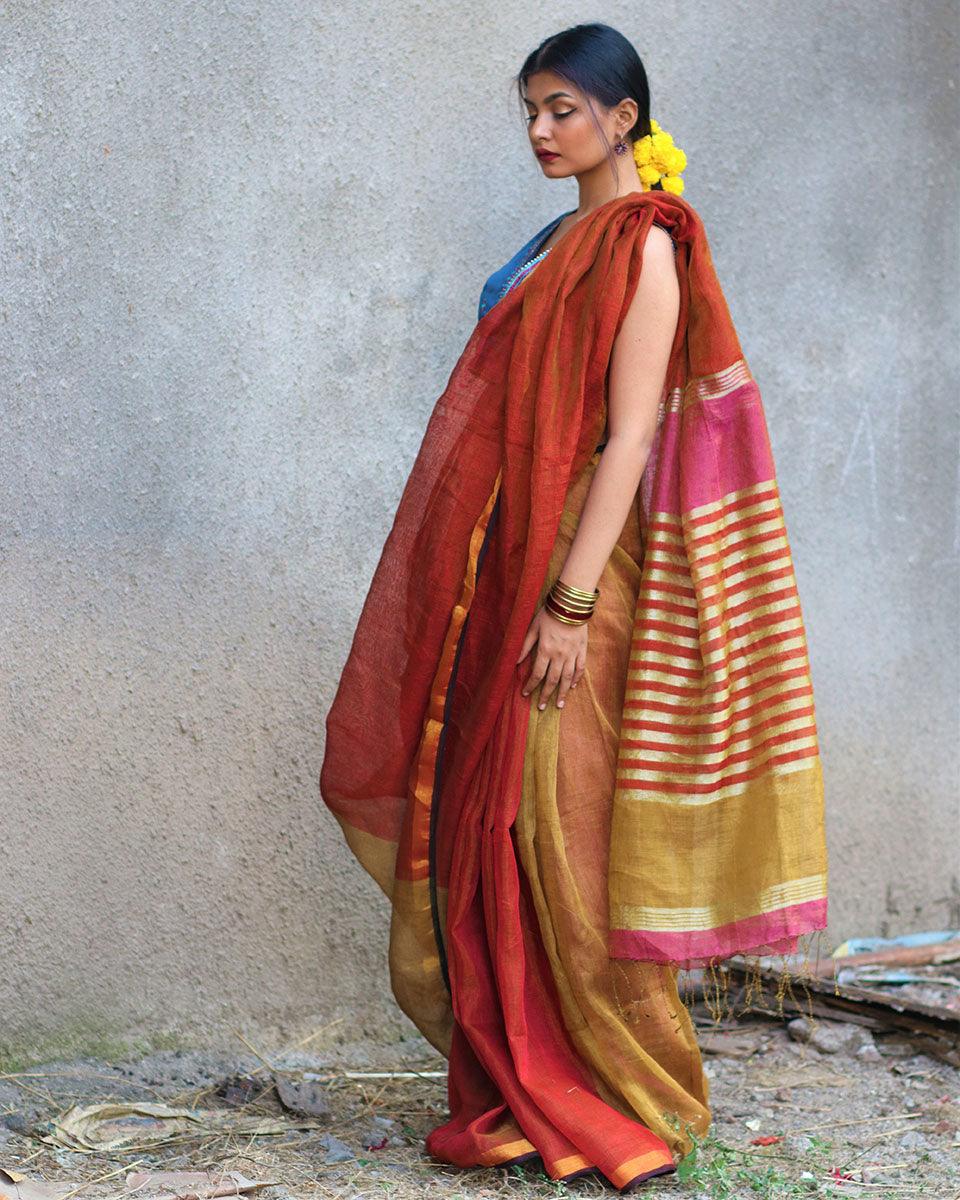 Shabab Handwoven Linen Zari Saree - Gazala