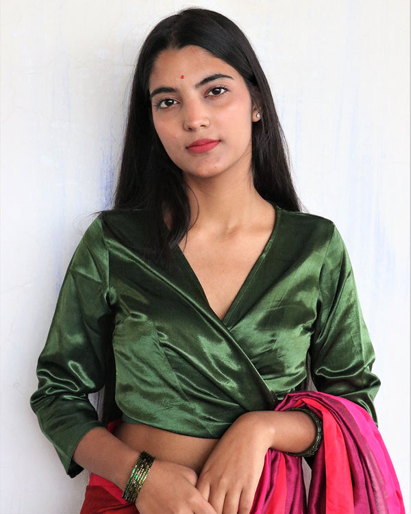 Green Tie-Up Mashru Silk Blouse-Sahar