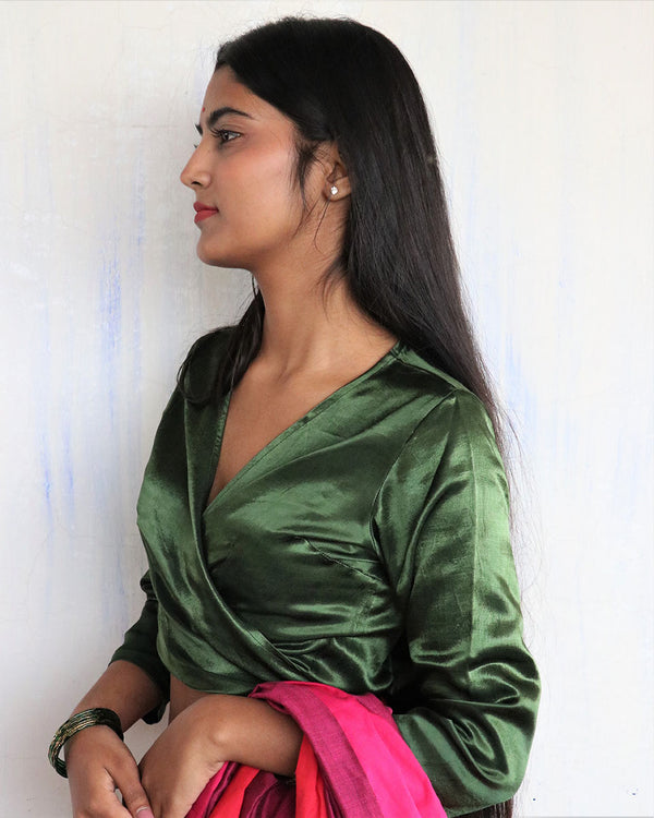 Green Tie-Up Mashru Silk Blouse-Sahar