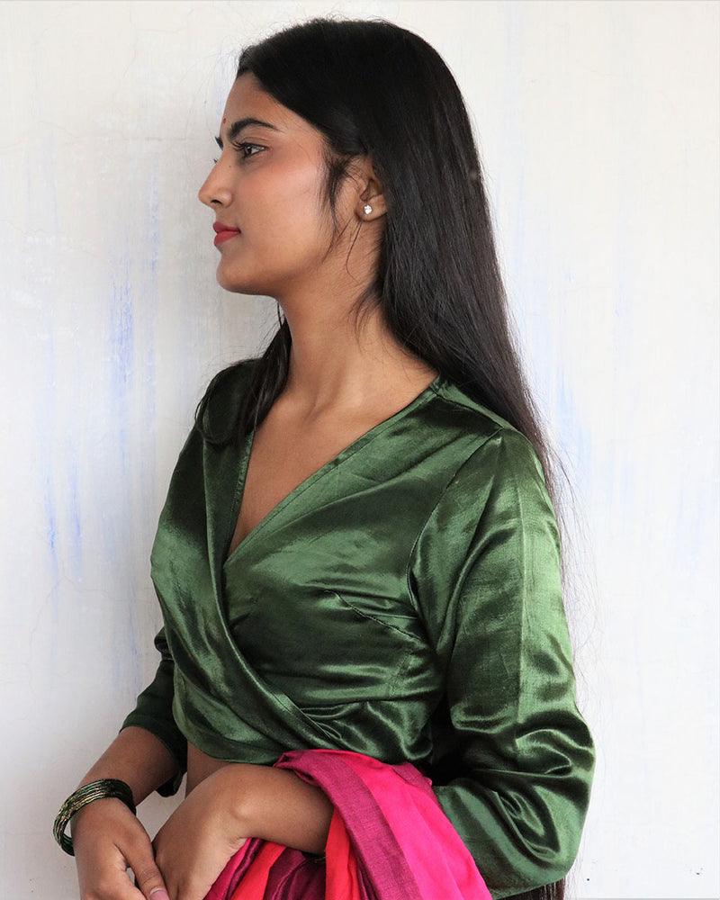 Green Tie-Up Mashru Silk Blouse - Sahar