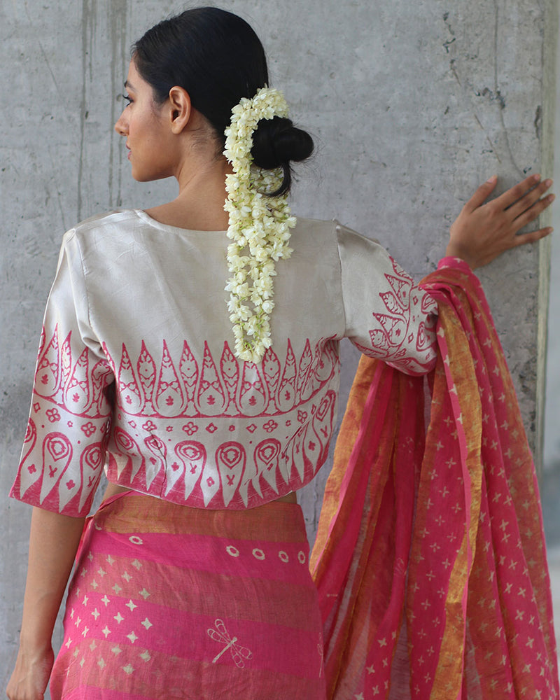Cream Pink Blockprinted Mashru Silk Blouse - Manjari