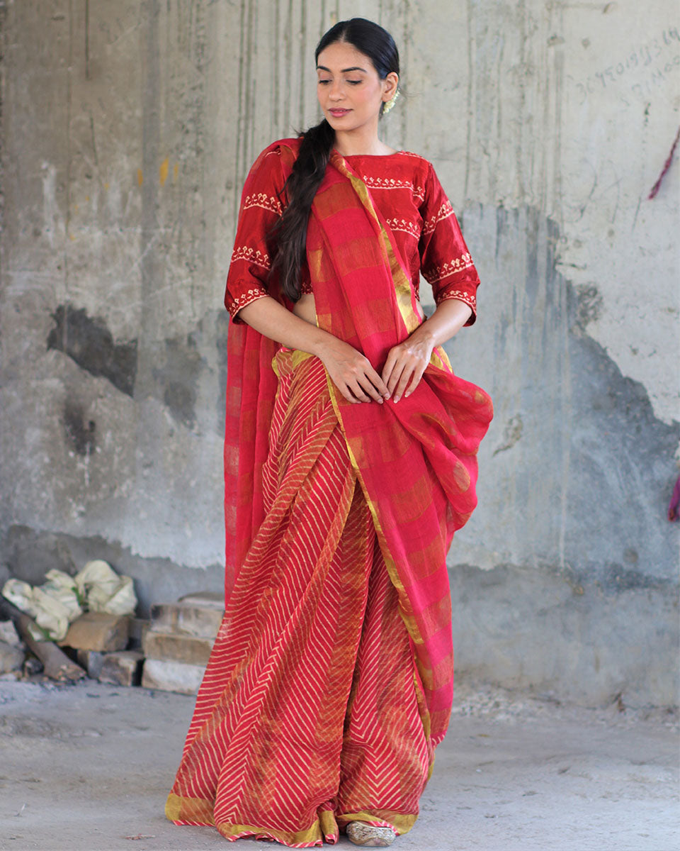 Buy Red BlockPrinted Handwoven Linen Zari Saree | Chidiyaa – Chidiyaa